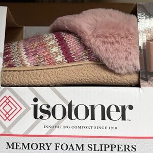 Isotoner Pink and Cream Plush Slippers
